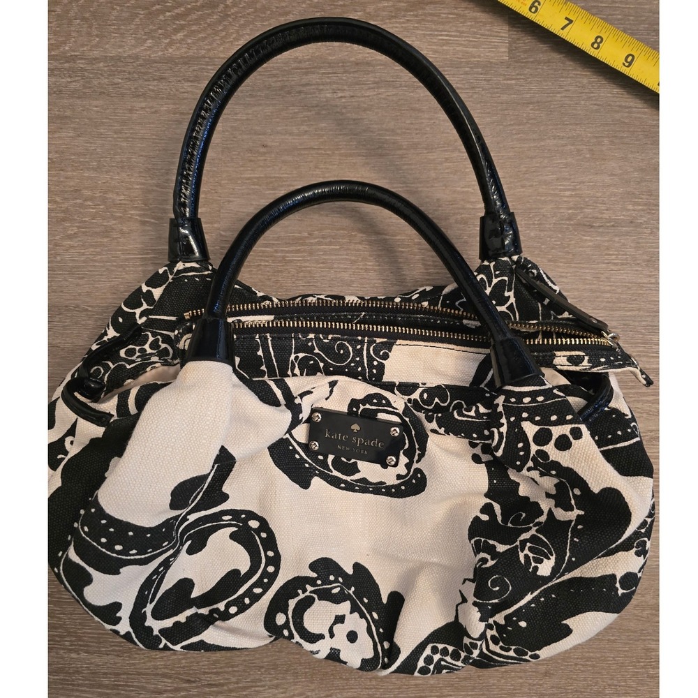 Kate Spade New York Black White Paisley Canvas Leather Trim Shoulder Bag